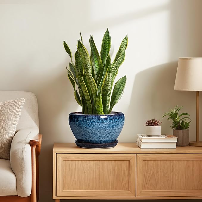 Ceramic Pots for Plants - 9 Inch Plant Pot Indoor with Drainage Hole and Saucer, Ceramic Planters for Outdoor Plants, Round Modern Flower Pot, Housewarming Gifts, Home Decor, Blue Ceramicfor