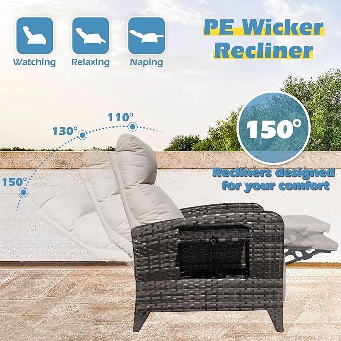 Outdoor Recliner Chairs Set of 2 Reclining Patio Chairs with Adjustable Back and Extended Footrest Wicker Rattan Recliner Chairs with Flip Table and Removable Cushion zzw