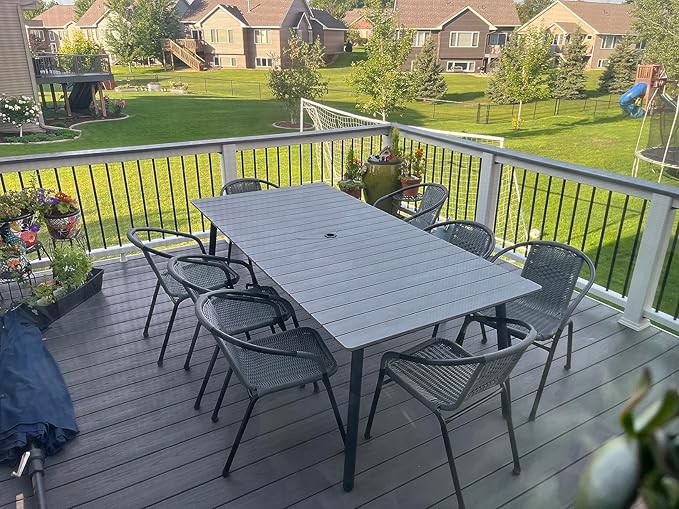95" Patio Outdoor Dining Table for 8-10, Weather-Resistant Aluminum Frame with Wood-Grain Top & Umbrella Hole for Deck Gatherings, Grey VredHom