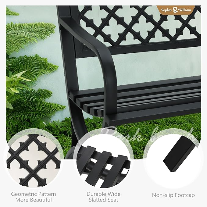 Sophia & William Outdoor Bench, 50 inches Metal Garden Bench, Cast Iron Park Benches for Outside with Floral Backrest and R-Shaped Legs for Porch Yard Lawn Deck, Black SophiaWilliam