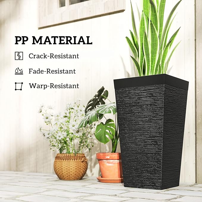 Outsunny 22.8 Inch Tall Planters for Outdoor Plants, Set of 3 Plastic Flower Pots with Stone Finish and Wheels, Stackable Tapered Planters with Drainage Hole for Indoor Plants, Front Porch, Black Outsunny