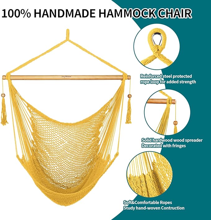JoyView Hammock Chair with Spreader Bar Caribbean Hammock Swing Chair 300 LBS Weight Capacity XL Rope Hanging Chair for Outdoor Indoor Garden Yard - Yellow JoyView
