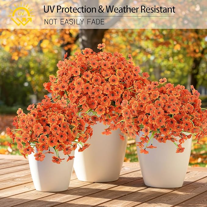 MACTING Artificial Fall Flowers for Outdoors 12 Bundles Faux Mums Plants Fake Silk Outdoor Flowers UV Resistant No Fade for Planters Front Door Porch Patio Outside Thanksgiving Autumn Decor,Orange MACTING
