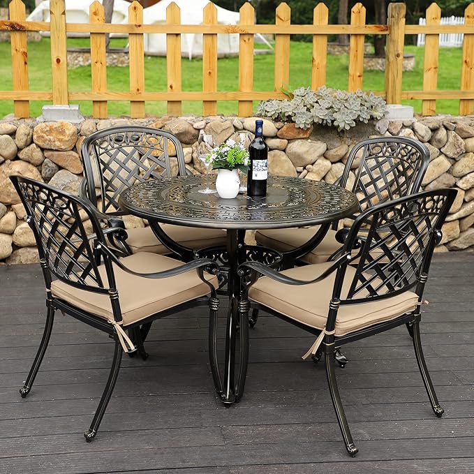 5-Piece Cast Aluminum Outdoor Patio Dining Set, All Weather Cast Aluminum Outdoor Furniture Dining Set for Patio, Balcony, Lawn, Garden, Backyard w/4 Chairs and Cushions, 2.0" Umbrella Hole Sumshadow