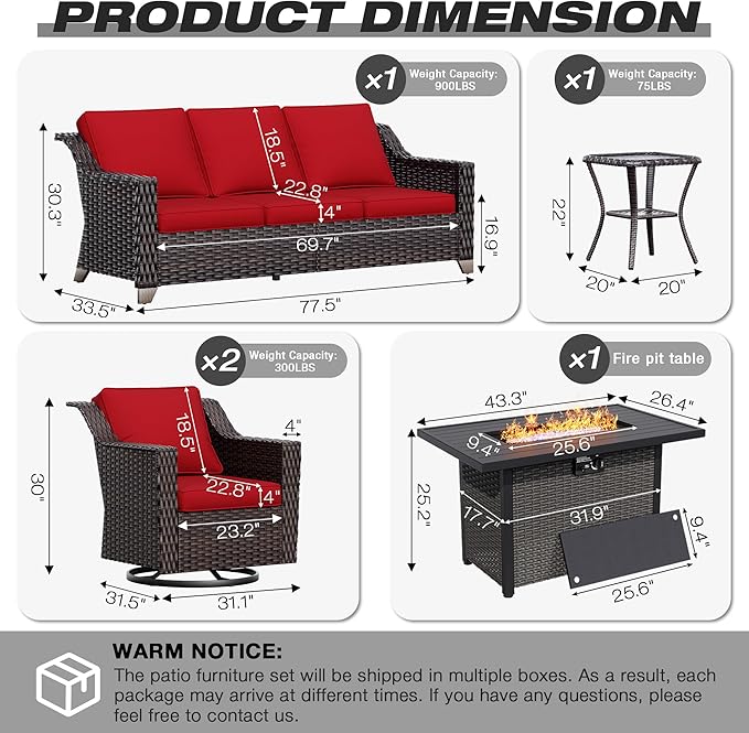 Joyside Wicker Patio Furniture Sets, 5 Pieces Upgraded Large Size Outdoor Furniture with Swivel Rocking Patio Chairs, 3-Seat Sofa, Fire Table, Coffee Table, Thick Cushions, Wide Armrest, Red Joyside