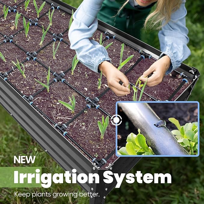 KING BIRD Raised Garden Bed with Irrigation System and Legs Galvanized Elevated Planter Box 48×24×31.5 in for Backyard, Patio, Balcony, 400lb Capacity, Dark Grey KINGBIRD