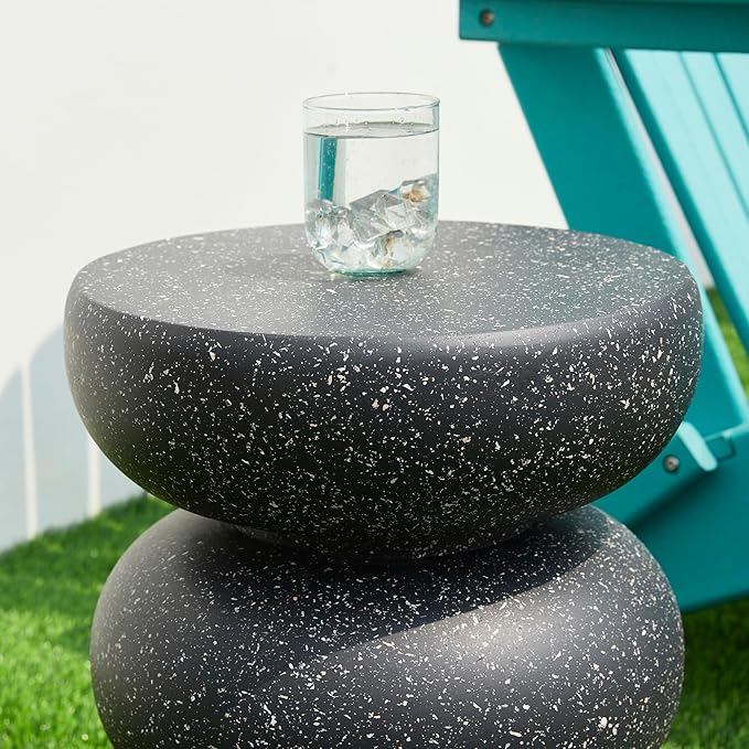 Glitzhome Outdoor Side Table, 18" H Decorative Garden Stool MGO Faux Terrazzo End Table, Heavy Duty Indoor Outdoor Round Planter Stand for Living Room Bedroom Patio Deck Poolside,Black Glitzhome