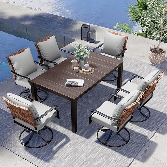 Grand patio 7-Piece Outdoor Dining Set, 6 Leather-Look Wicker Swivel Patio Chairs & 1 Rectangular Faux Woodgrain Dining Table, Dark Brown GrandPatio