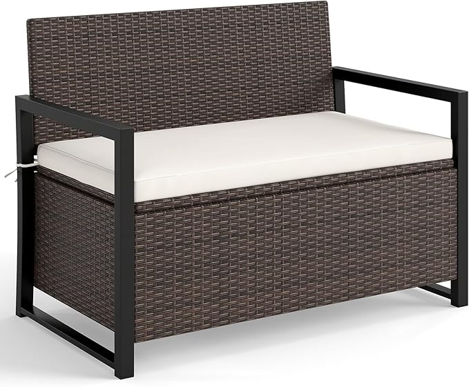 Tangkula 40 Gallon Outdoor Bench with Storage, Patio Wicker Storage Bench with Cushion, Cover, Metal Frame, Deck Box Seat for Backyard, Poolside, Balcony, Garden TANGKULA