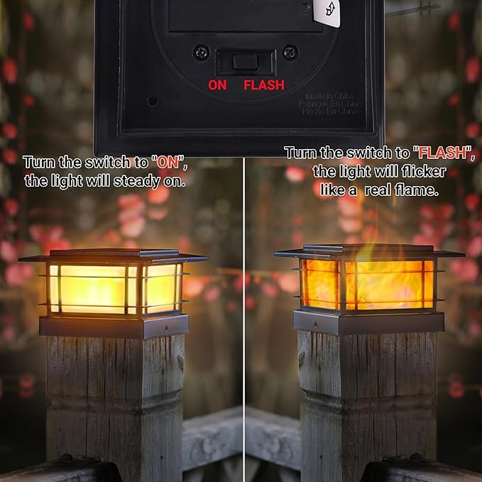 Dynaming 8 Pack Solar Post Cap Lights Outdoor with Flickering Flame Light, Fence Post Solar Lights Fit for 4x4 5x5 6x6 Vinyl/Wooden Posts, High Brightness SMD LED Lighting Decor for Garden Deck Patio Dynaming