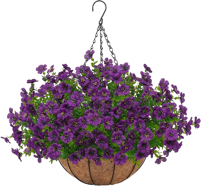 Artificial Faux Hanging Plants Flowers Basket for Outdoors Spring Summer Decoration, Hanging Planters with Fake Silk Flowers UV Resistant Realistic for Outside Porch Patio Balcony Garden Home （Purple） Tiabean