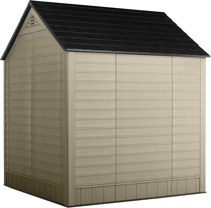 Rubbermaid Resin Outdoor Storage Shed with Floor (7 x 7 Ft) Weather Resistant, Brown Gable, Organization for Home/Backyard/Garden Tools/Lawn Mower/Bike Storage/Pool Supplies Rubbermaid