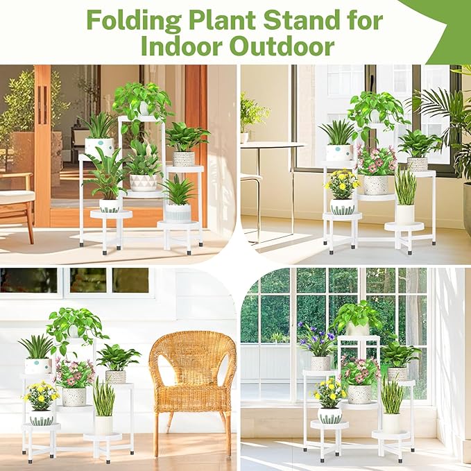 iDavosic.ly 6 Tier Folding Plant Stand Indoor Outdoor with Plastic Tray, Tiered Corner Flower Holder Shelf, Metal Orchid Display Rack for Patio Porch Living Room Garden Balcony, White iDavosicly