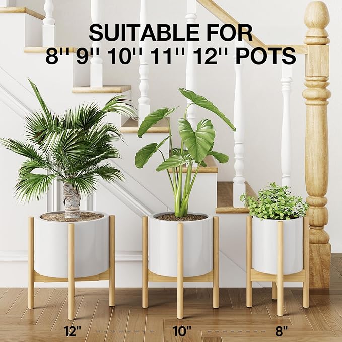 MUDEELA Plant Stand for Indoor Plants: Adjustable Width Fits 8-12 Inch Pots - Mid-century Modern Bamboo Plant Stand - 14.5 Inch Single Tier Small Floor Plant Holder, Natural, 2 Pack (Without Pot) MUDEELA