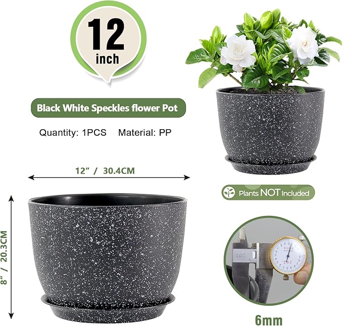 12 inch Big Plant Pots, Plastic Planters with Drainage Holes and Trays, Large Flower Pots for Indoor Outdoor Plants, Modern Decorative Pots for Garden House Plants, Speckled Black Meowell