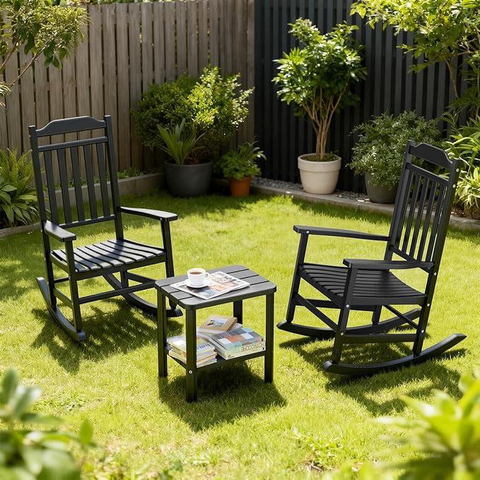 3 Piece Outdoor Rocking Bistro Set, Rocking Chairs Outdoor Furniture, Resin Waterproof Sun-Proof Patio Furniture Set for Garden, Pool, Backyard（3, Black） GYMHILL