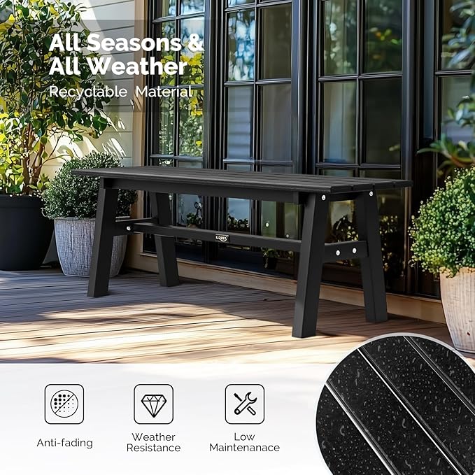 VINGLI 47” Outdoor HDPE Bench, Weatherproof Garden Bench w/Metal Legs, Poly Lumber Porch Benches, 660 LBS Capacity Outdoor Backless Patio Benches for Entryway Deck (Black) VINGLI