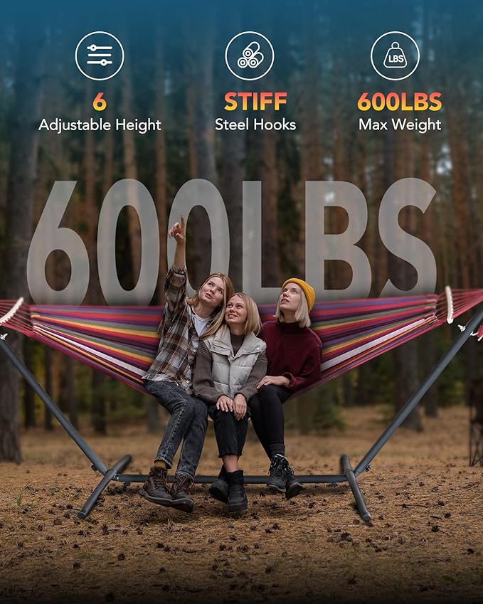 Double Hammock with Heavy-Duty Steel Stand,Portable,Easy Assembly,600lbs Weight Capacity,Perfect for Indoor,Yard,Camping,or Outdoor-Rainbow Rootora