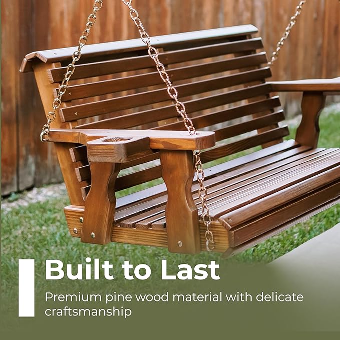 Amish Casual 5 Foot Roll Back Heavy Duty Wooden Porch Swing with Cup Holders in Cedar Stain - Amish Made in The USA from Treated Pine, Outdoor Hanging Bench Swing with 700 Lb. Weight Capacity AmishCasual
