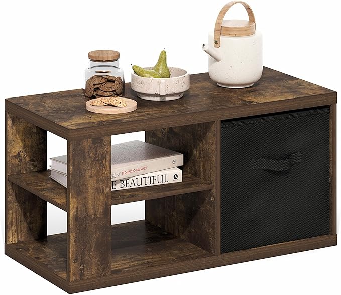 Furinno Viola Coffee Table, 3-Tier Modern Coffee Table with 1.2 Thick Tabletop, Side Table with Open Shelf and Storage Bin, for Living Room, Bedroom, Home Office, Amber Pine Furinno-FitsYourSpaceFitsYourBudget