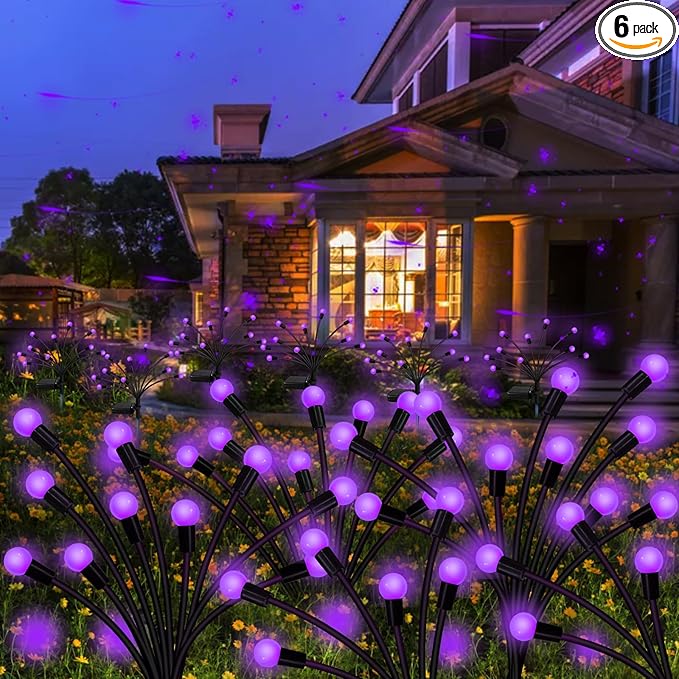 Kohlrabi Solar Garden Lights Outdoor, 6 Pack 60 LED Solar Purple Firefly Lights Waterproof, Sway by Wind, Halloween Swaying Light for Yard Patio Backyard Garden Planter Flower Bed Pathway Decoration KohlrabiDecor