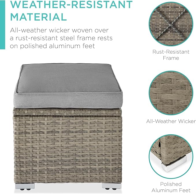 Best Choice Products Set of 2 Wicker Ottomans, Multipurpose Outdoor Furniture for Patio, Backyard, Additional Seating, Footrest, Side Table w/Storage, Removable Cushions - Cement Gray/Taupe BestChoiceProducts