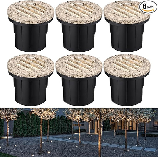 LEONLITE Dia. 4 Inch Well Lights Landscape LED In Ground, Grated Top, 3000K Warm White, 12-24V AC/DC CRI90 Low Voltage Garden Landscaping, Rock Color Aluminum Housing, Pack of 6 LEONLITE