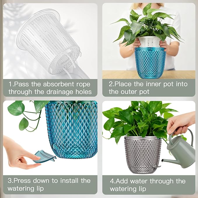 QCQHDU 2 Pack Self Watering Pots, 5.7 Inch Flower Pots with Drainage Holes and Water Filling Port, Garden Planter for Indoor Outdoor Plants (Gray) QCQHDU