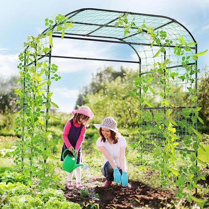 Lalahoni Large Garden Trellis Arch for Climbing Plants Outdoor, 7.8 feet Tall Metal Walkway Arbor Plant Support Vine Flower Vegetables Cucumber Trellis for Raised Bed, with Netting, Lightweight Thereasonyoulovegardening