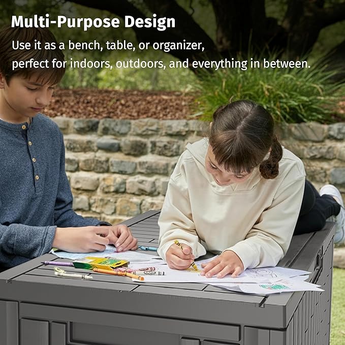 EAST OAK 120 Gallon Outdoor Storage Box | Large Resin Deck Box with Reinforced Stainless Steel Support | Waterproof & UV-Resistant Patio Storage Box for Cushions, Garden Tools & Pool Accessories, Grey EASTOAK