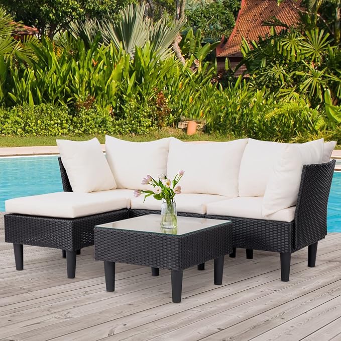 5 Pieces Patio Furniture Sets Outdoor Sectional Sofa Rattan Chair Wicker Conversation Set for Outdoor Backyard Porch Poolside Balcony Garden Furniture with Coffee Table,Khaki Cushion FDW