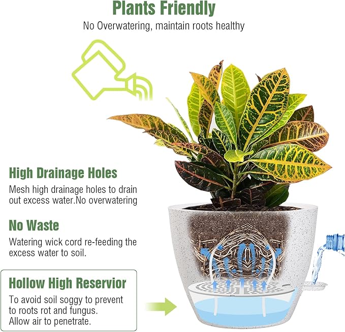 Large Self Watering Pots, 12/10/9 Plastic Planters with High Drainage Holes and Deep Reservoir for Indoor Outdoor Garden Plants and Flowers, White Speckles UOUZ