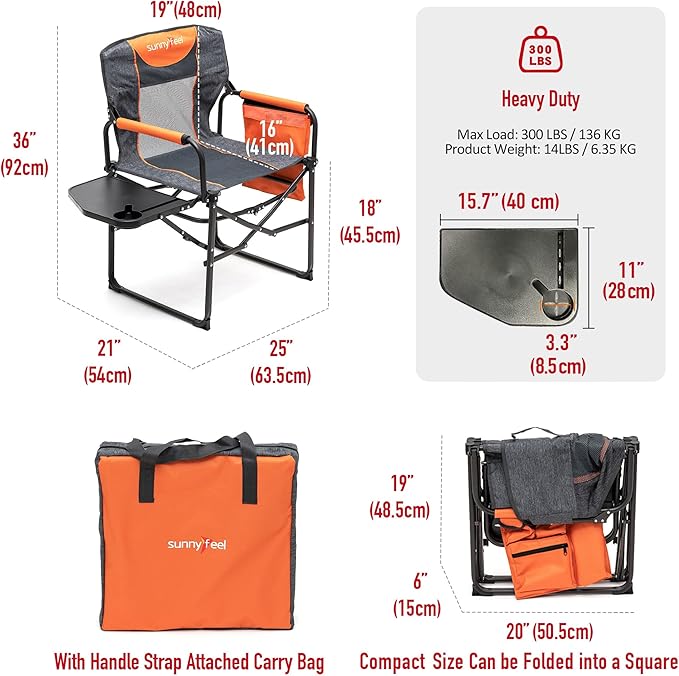 SUNNYFEEL Camping Directors Chair, Heavy Duty,Oversized Portable Folding Chair with Side Table, Pocket for Beach, Fishing,Trip,Picnic,Lawn,Concert Outdoor Foldable Camp Chairs SunnyFeelCamping