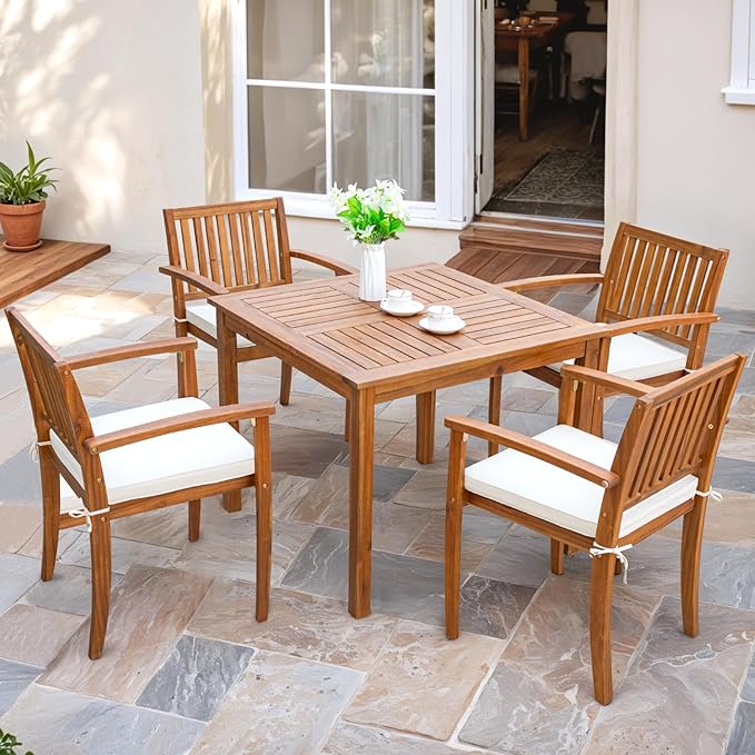 Flamaker 5 Piece Outdoor Dining Set Acacia Wood Patio Table and Chairs with Soft Cushions Patio Furniture for Deck, Backyard, Garden Flamaker