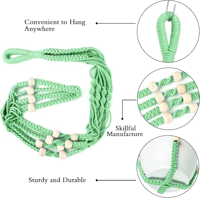 Augshy Macrame Plant Hangers Green Hanging Planters for Indoor Outdoor Home Decor, Hanging Plant Holder No Tassels Set of 2 with 4 Hooks Augshy