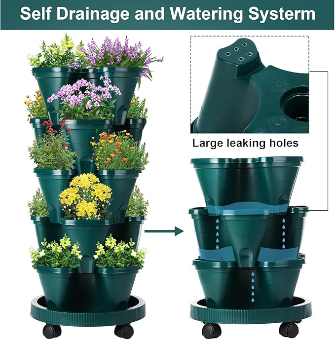 Umigy 2 Set 5 Tier Stackable Planters Vertical Garden Planters for Strawberry Herb Flower and Vegetable Indoor Outdoor Gardening Pots with Removable Wheels and Bottom(Dark Green) Umigy