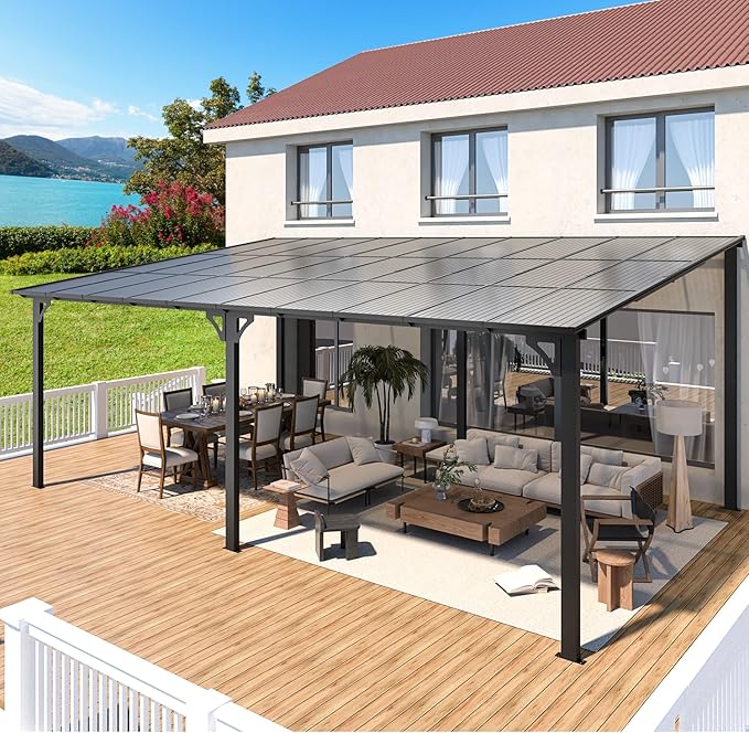 AECOJOY 20' x 12' Gazebo for Patio, Large Wall-Mounted Hard Top Lean-to Gazebo Pergola with Roof 12' x 20' on Clearance, Heavy Duty Patio Awnings for Decks, Backyard AECOJOY