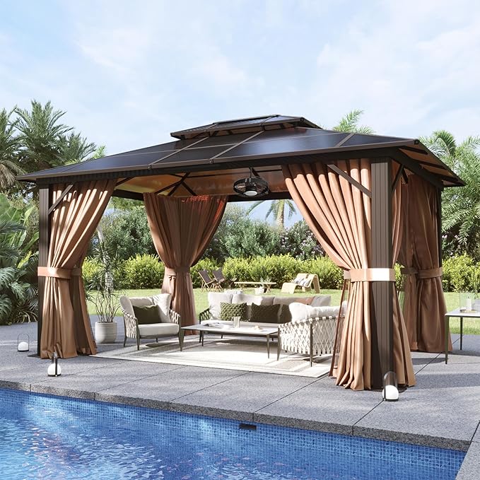 Aoxun 10'x12' Hardtop Gazebo, Aluminum Frame Permanent Pavilion with Netting and Curtains, Outdoor Polycarbonate Double Roof Canopy with Ceiling Fan, Designed for Lawn, Garden, Patio, Brown Aoxun