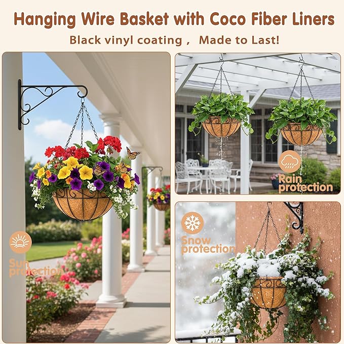 10 inch Metal Hanging Baskets For Plants Outdoor 4 Pack Round Metal Wire Hanging Basket Planter with Coco Fiber Liners Chain Round Wire Plant Holder for Garden, Patio, Deck, Porch Plants Flower Potsss JFFLYIT