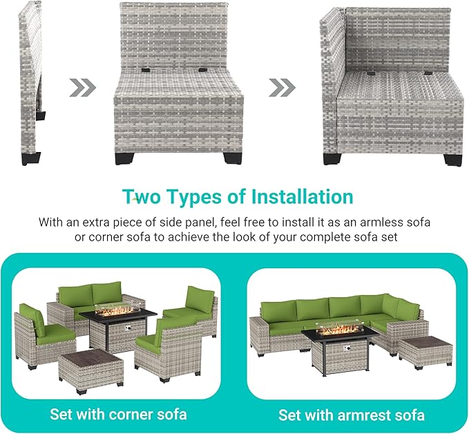16-Piece Outdoor Patio Furniture Set with Rocking Swivel Chair, PE Wicker Rattan Sectional Sofa Patio Conversation Set with 55,000 BTU Fire Pit Table & Coffee Table, LAvocado Green MuphyersPatioFurniture