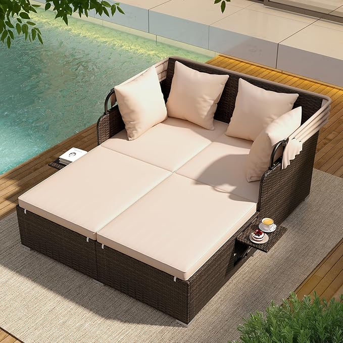 ORALNER Outdoor Daybed, 2-Person Wicker Patio Sofa with Retractable Canopy, Cushions & Pillows, 2 Side Trays, PE Rattan Double Sunbed for Deck Poolside Garden Balcony Backyard (Beige, Mix Brown) ORALNER