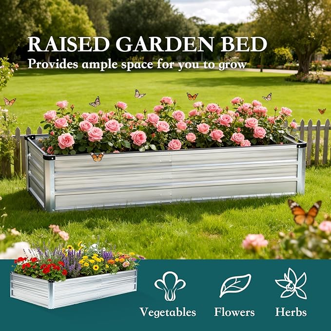 DUMOS Raised Garden Bed Outdoor, 2 Pcs 6x3x1ft Planter Box Outdoor for Deep-Rooted Herbs/Flowers/Vegetables, Large Metal Garden Bed for Patio, Balcony and Backyard, Silver DumosLifestyle