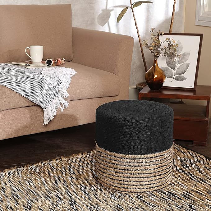 REDEARTH · Cylindrical Pouf Ottoman - Braided Pouffe Accent Sitting Round Footrest for Living Room, Bedroom, Nursery, kidsroom, Patio, Gym; 70% Cotton 30% Jute, (14.5X14.5X16; Black Natural) REDEARTH