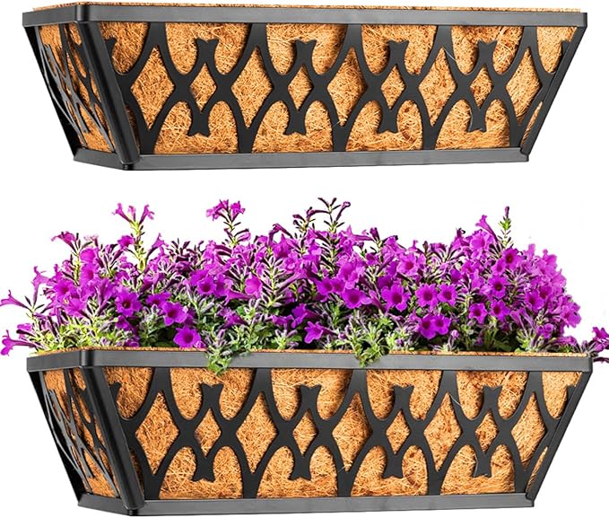 2 Pack 16 Inch Window Boxes Planters Railing Planter Box with Coco Liners Deck Railing Planter Boxes Balcony Hanging Flower Box for Outdoor Plants Garden Decor KarlliuHOMEGARDEN