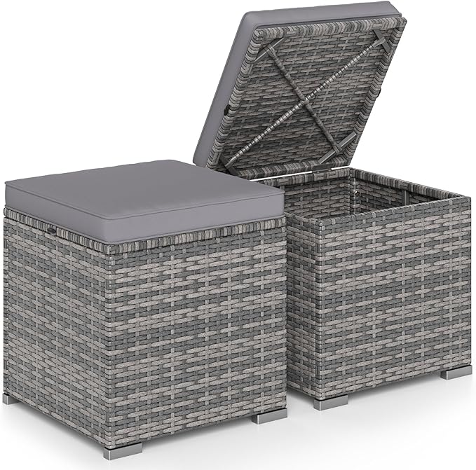 Tangkula 2 Pieces Patio Ottomans, Patiojoy Hand-Woven PE Rattan Side Table with Removable Cushion & Hidden Storage Space, Multifunctional Storage Box, Seat for Patio, Backyard, Poolside (Light Grey) TANGKULA