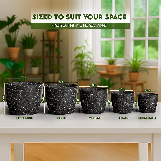Utopia Home - Spotty Plant Pots Indoor with Drainage - 7/6.6/6/5.3/4.8 Inches Flower Pots - 10 Pack Plastic Planters - Ideal for Stocking Stuffers - (Speckled Black, Pack of 10) UTOPIAHOME