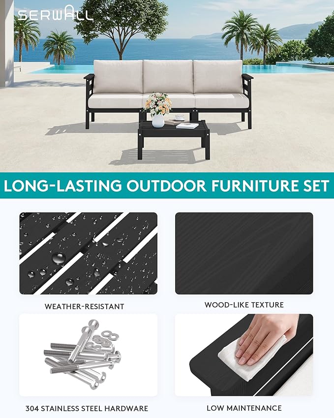 SERWALL HDPE Patio Furniture Set, 2 Pieces Outdoor Sectional Sofa Set, All-Weather Wood-Like Outdoor Sofa Couch with Coffee Table for Deck, Lawn, Black Frame with Khaki Cushion SERWALL