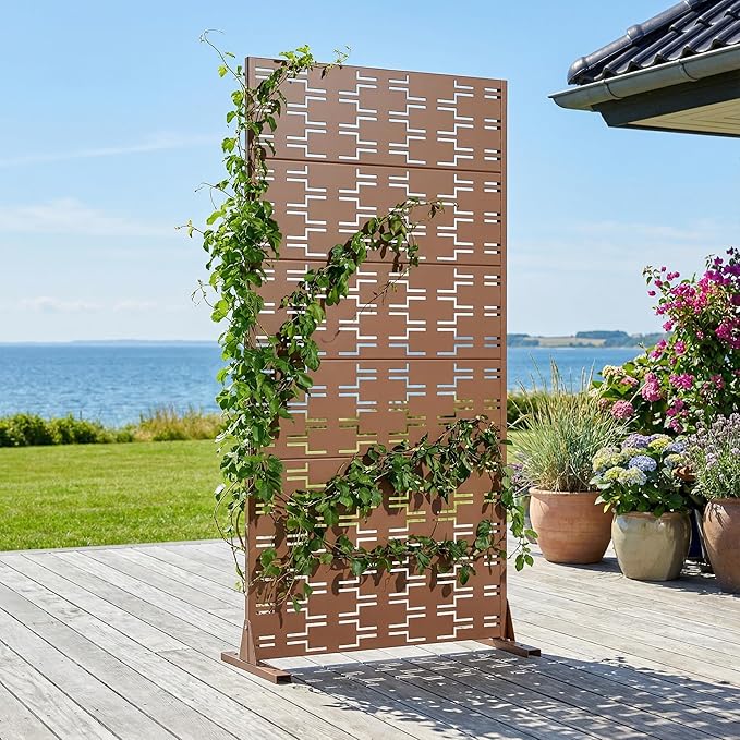 Casaphoria Metal Privacy Screen Outdoor, 72" H x 35" W Freestanding Decorative Privacy Screen for Patio Deck Balcony Garden with Stable Base, Brown-Brick Casaphoria