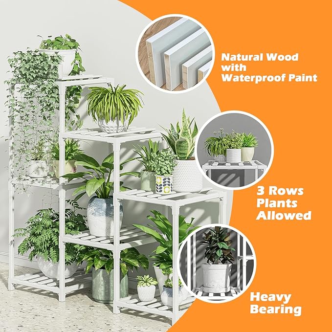 Bamworld Indoor Plant Stand Outdoor White Shelf Bamboo Plant Table for Multiple Plants 3 Tiers 7 Pots Ladder Holder Pot Window Garden Balcony Living Room Bamworld