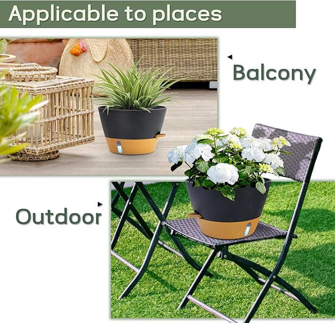 12-Inch Self Watering Planters with Drainage Holes, Large Flower Pots for Indoor Outdoor Plants, Garden Pots Grey 3 Pack FIASON